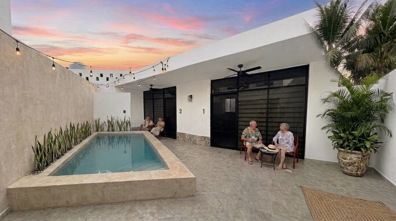 Sunset over the courtyard pool at Casa Aida, Progreso, Yucatán